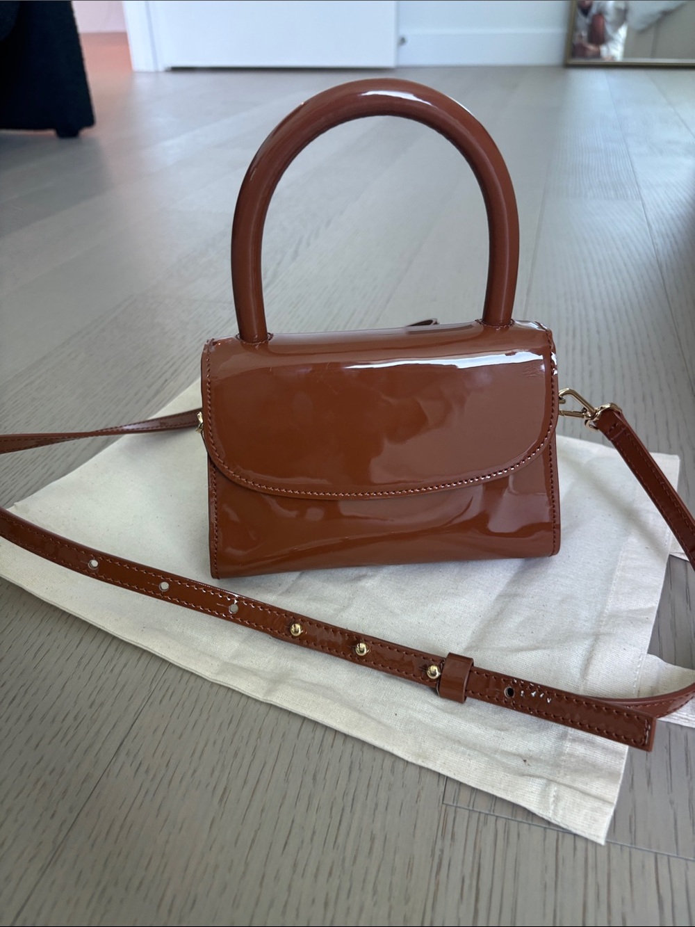 BY FAR mini crossbody bag patent camel cognac